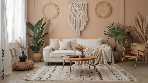 Cozy living room with beige and natural tones.
