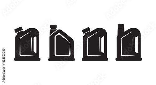 Four different black plastic motor oil containers in a row silhouette