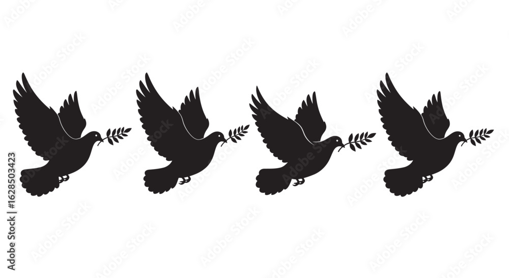 Obraz premium Four black silhouette doves flying with olive branches in their beaks representing peace and hope silhouette