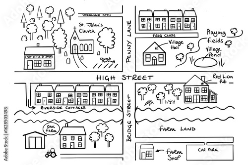 Hand drawn map of a generic village.. An illustration of an imaginary place. Quick sketch to help someone with directions. Cartoon style map. Stock image of a town or village street plan. Village plan