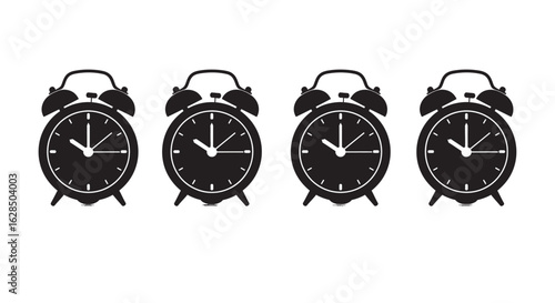 Four identical black alarm clock silhouettes arranged in a row on a white background silhouette