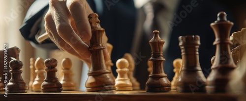 The hand of a strategist moves a chess piece thoughtfully on the board.