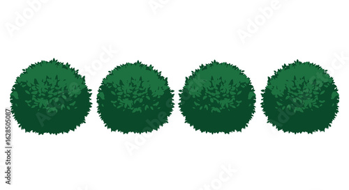 Four green oval shaped bushes in a row silhouette