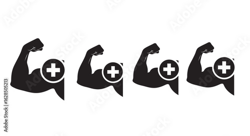 Four strong flexing biceps with medical cross symbols silhouette