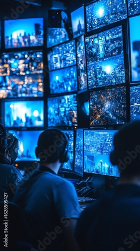 Multiple screens displaying various video feeds, likely a surveillance or control room
