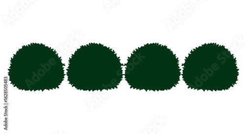 Four dark green oval shaped bushes in a row silhouette