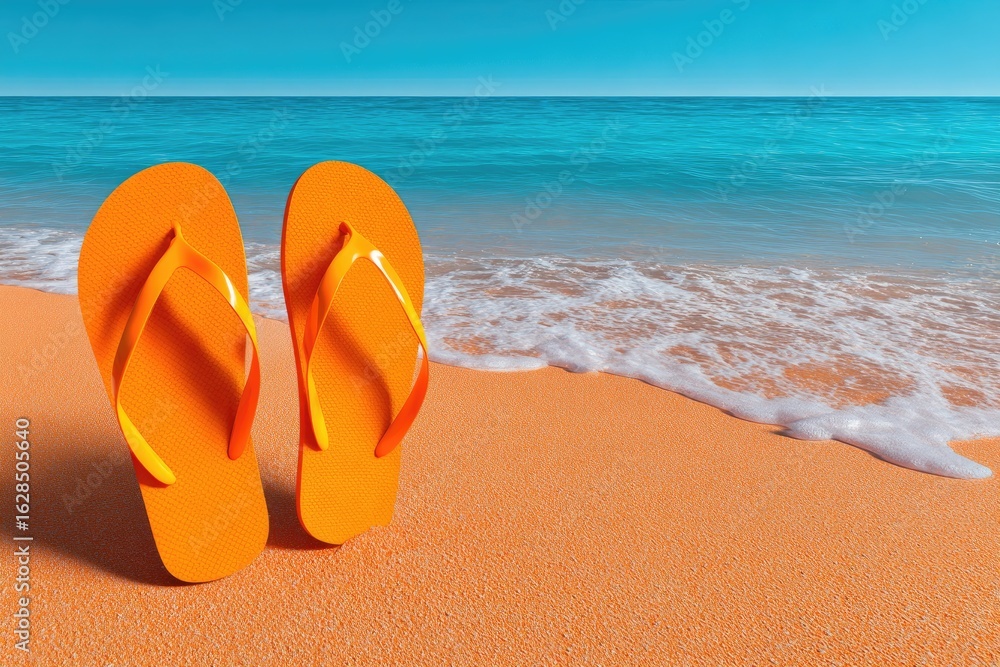Naklejka premium Orange flip-flops on a sandy beach, ocean waves in the background