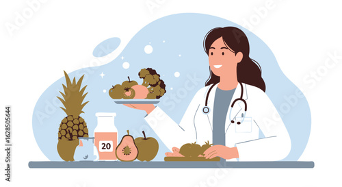 Healthy eating and wellness concept with a dietitian holding a plate of organic food. Professional medical advice on nutrition illustration.