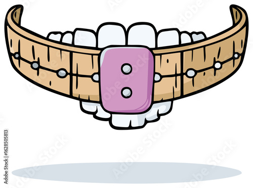 Cartoon illustration of teeth with orthodontic measuring device and purple buckle