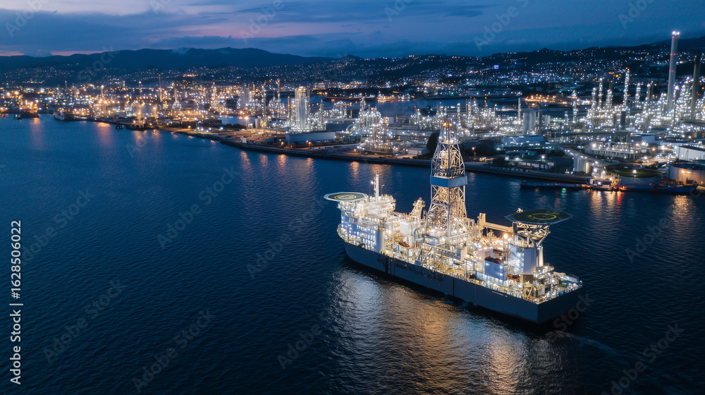 Fototapeta premium Top-down shot capturing intricate details of illuminated drilling ship equipment, sprawling decks and piping systems glowing against the darkening harbor waters, with twilightâs so