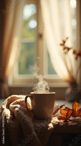 Cozy Autumn Morning with Steaming Coffee by the Window