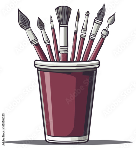 Collection of Artist Paintbrushes in a Dark Red Holder