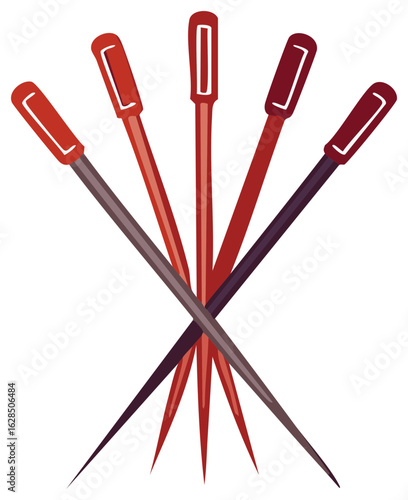 Five Acupuncture Needles in a Fan Formation, Featuring Red and Purple Hues