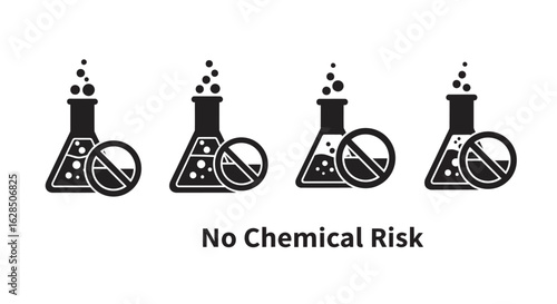 Four chemical flasks with prohibition signs indicating no chemical risk silhouette