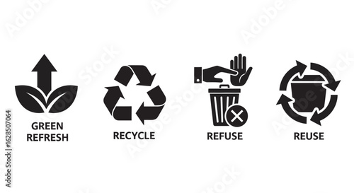 Four recycling and sustainability icons green refresh recycle refuse reuse silhouette