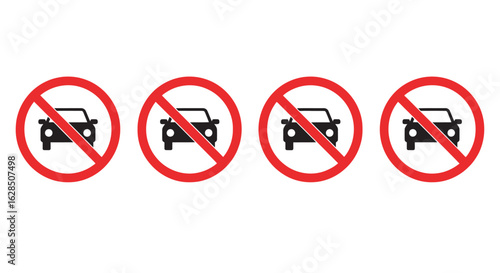 Four no parking signs with car silhouette prohibition symbol silhouette