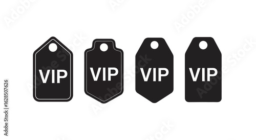 Four black vip tags with different shapes silhouette