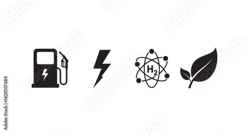 Set of icons representing different energy sources fuel electricity nuclear and green energy silhouette