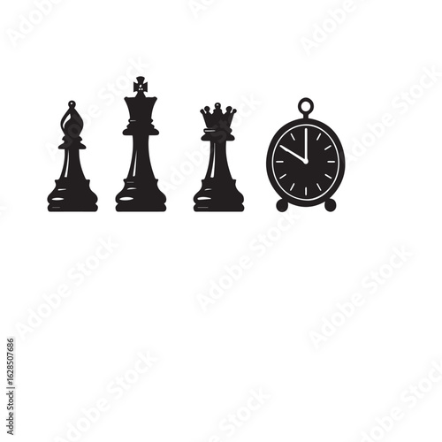 A chess game concept with a bishop, king, queen and a clock, symbolizing strategy, time management, and intellectual challenge isolated on white background