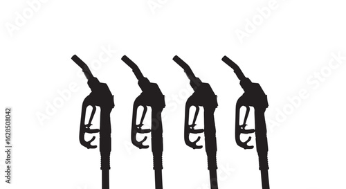 Four black gas pump nozzles in a row against a white background silhouette