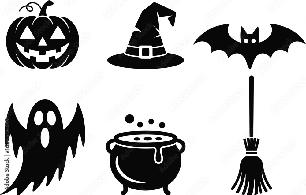 Obraz premium Halloween spooky elements set silhouette vector illustration including pumpkin bat ghost and witch hat