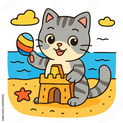 baby cute cat joy playful at the beach, vectot design coloring page designs all about the joy