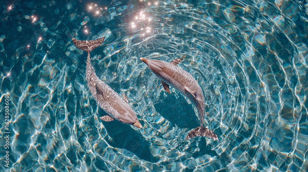 Obraz premium Two Dolphin Swimming in Clear Blue Water with Sun Reflections Overhead