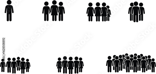 Human group silhouette, demographic illustration with crowd sizes, social interaction concept, people icons for population study, vector flat design art
