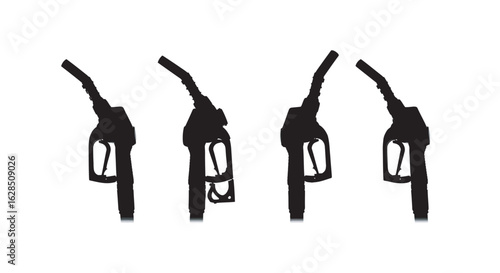 Four black silhouettes of gas pump nozzles facing different directions