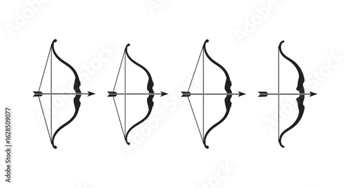 Four archery bows and arrows in a row silhouette