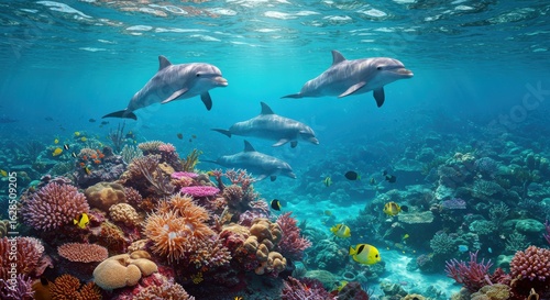 Joyful Dolphin Pod Gliding Over a Sunlit, Technicolor Coral Reef