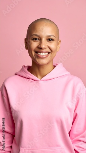 Smiling woman in pink hoodie