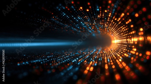 Digital tunnel effect with orange and blue glowing particles