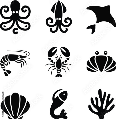 Premium Seafood & Marine Life Icon Silhouette Collection