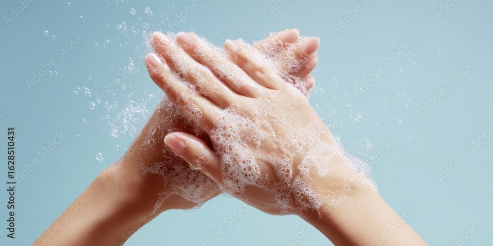 Fototapeta premium The hands gently washing with soap and bubbles against a light backdrop.