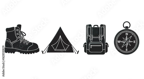 Collection of camping and hiking gear including boot tent backpack and compass silhouette
