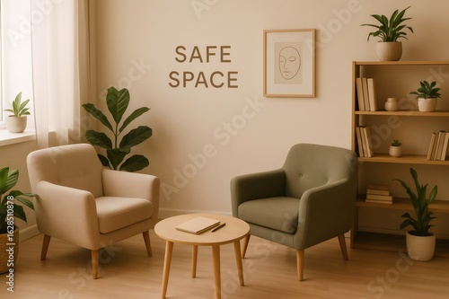 Fototapeta Naklejka Na Ścianę i Meble -  Calming therapy room with comfortable armchairs, a small table, a bookshelf, plants, and a minimalist painting, creating a safe and inviting space for healing and growth
