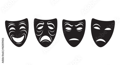 Four theatrical masks representing comedy and tragedy in black silhouette