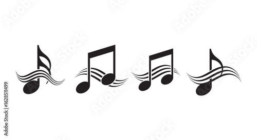 Collection of musical notes with flowing lines in a black silhouette