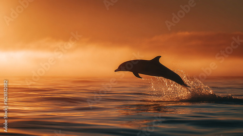 Silhouette of Dolphin Leaping from Ocean at Warm Sunset or Sunrise