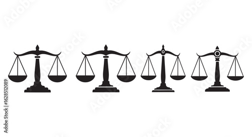 Four different styles of justice scales in a row silhouette