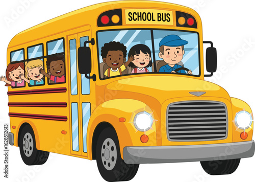 Cartoon school bus with smiling children, educational transport illustration, yellow vehicle, driver in cap, fun ride, kids waving happily