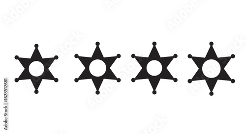Four black sheriff star badges in a row silhouette