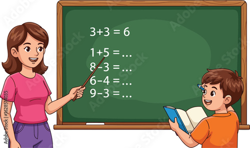 Cartoon teacher and student solving math problems on chalkboard, classroom scene, educational illustration, arithmetic learning, school concept