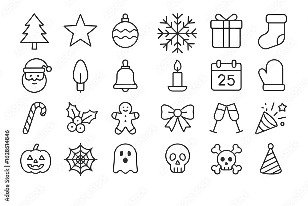 Fototapeta premium Holiday icons: christmas and halloween line art collection