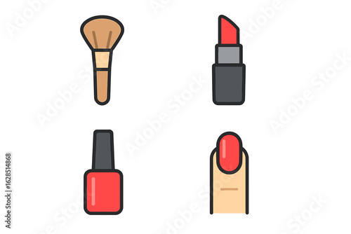 Cosmetic tools: makeup brush, lipstick, nail polish, manicured nail icon set