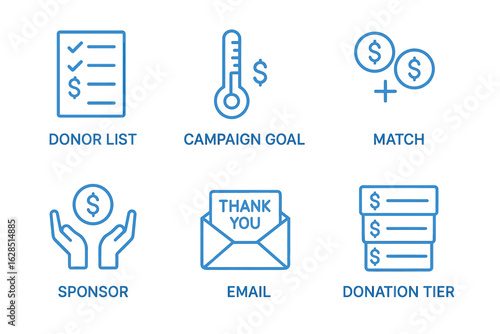 Fundraising icons set: donor list, campaign goal, sponsor support, and more