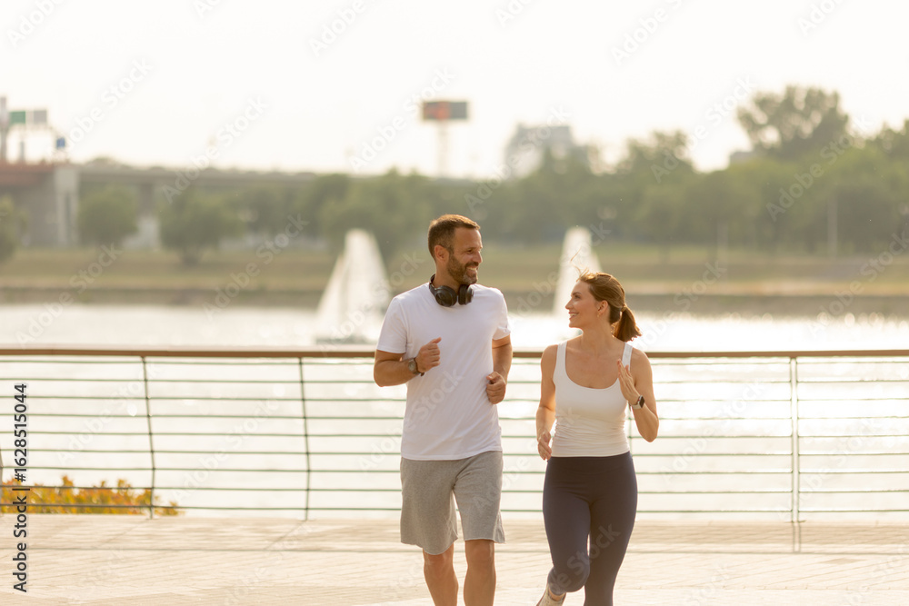 Fototapeta premium Joyful morning run by the riverside with friends sharing laughter and energy