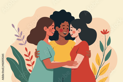 Three diverse women embracing and smiling, joyful mood, surrounded by vibrant flowers, illustration