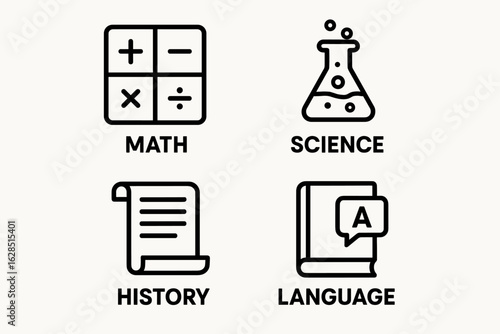 Educational icons: math, science, history, language symbols on white background